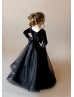 Black Velvet Embroidered Lace Tulle Floor Length Flower Girl Dress
